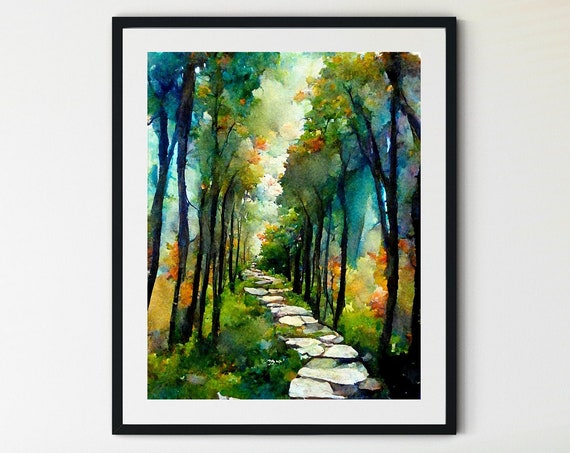 Forest Path Print Tree Wall Art Forest Print Adventure Art Print Forest Watercolor Forest Wall Art Sycamore Path Print Wilderness Art