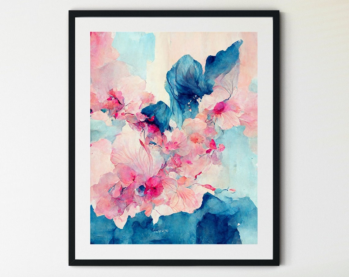 Abstract Floral Watercolor Pink Blossom Blue Botanical Art Poster