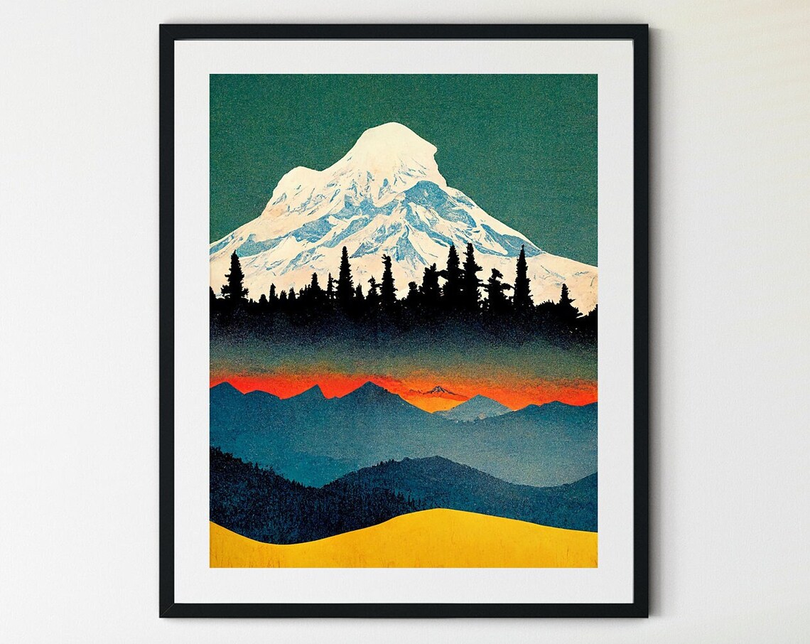 Mount Rainier Washington Retro Sunset Pines National Park Poster