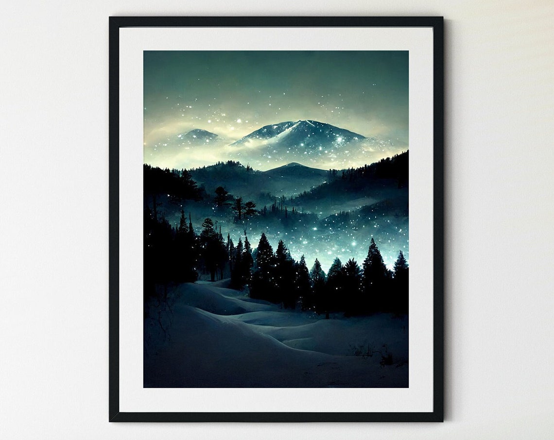 Snowy Mountain Night Starry Winter Landscape Scenic Scenic Poster