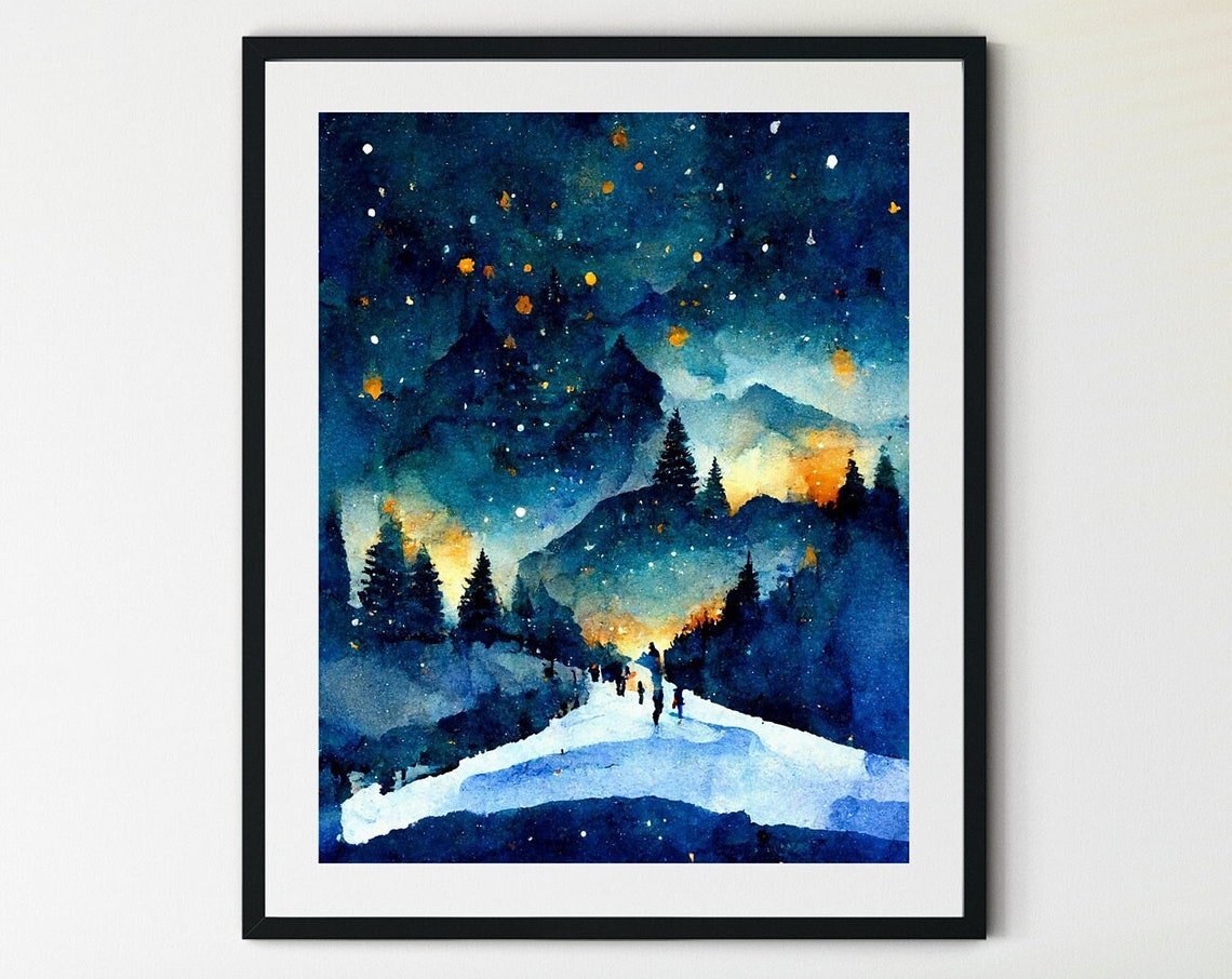 Moonlit Night Ice Skating Starry Winter Wonderland Art Poster