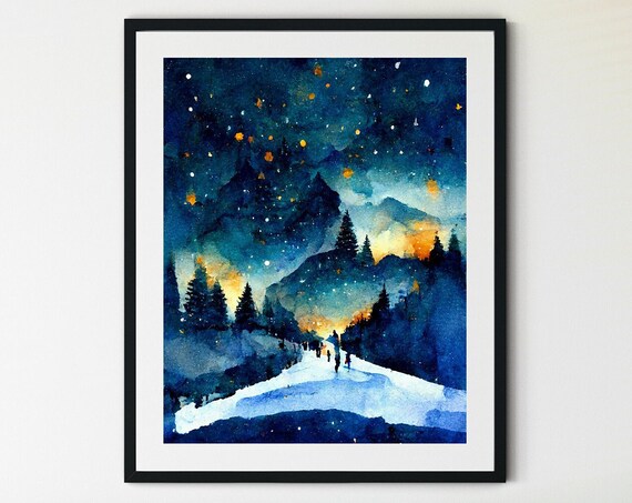 Moonlit Night Ice Skating Starry Winter Wonderland Art Poster