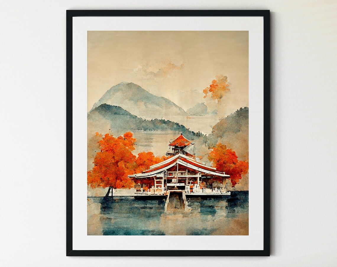 Itsukushima Shrine Japan Torii Temple Autumn Lake Watercolor Poster