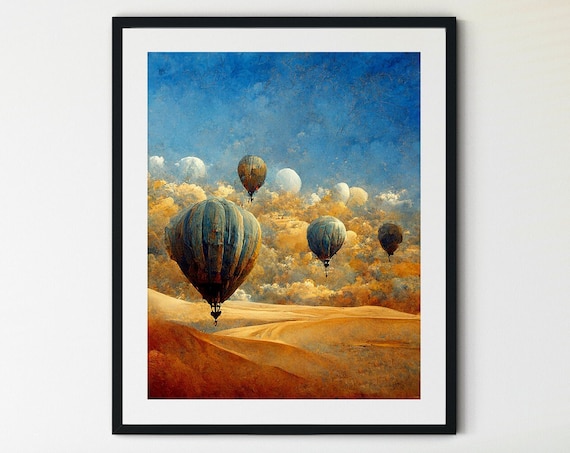 Hot Air Balloons Over Desert Dunes Vintage Sky Journey Poster