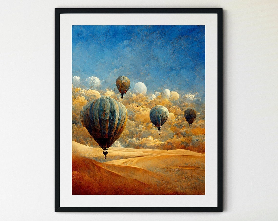Hot Air Balloons Over Desert Dunes Vintage Sky Journey Poster