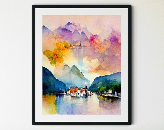Hallstatt Austria Print Austria Painting Landscape Art Print Mountain Wall Art Mountain Wall Decor Mountain Print Mountain Lover Gift