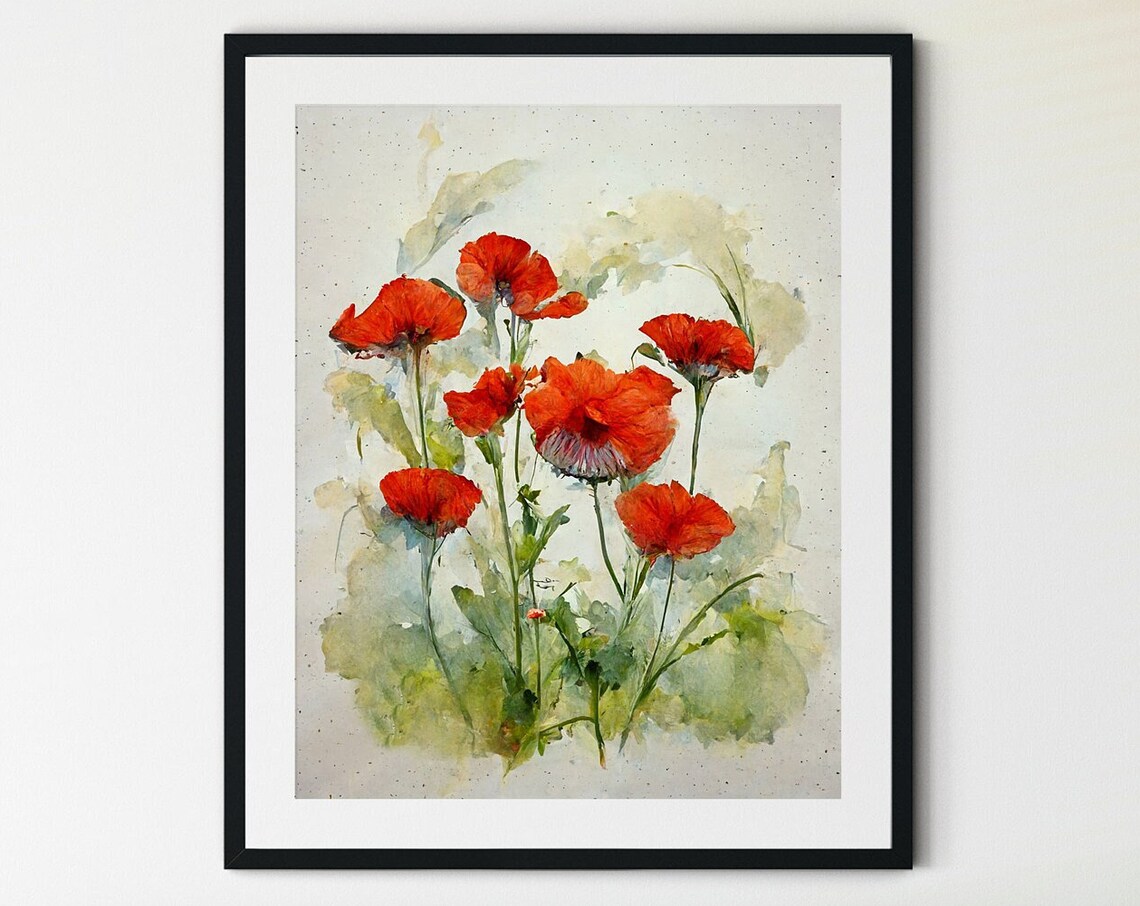 Red Poppy Meadow Watercolor Textured Speckled Floral Art Poster