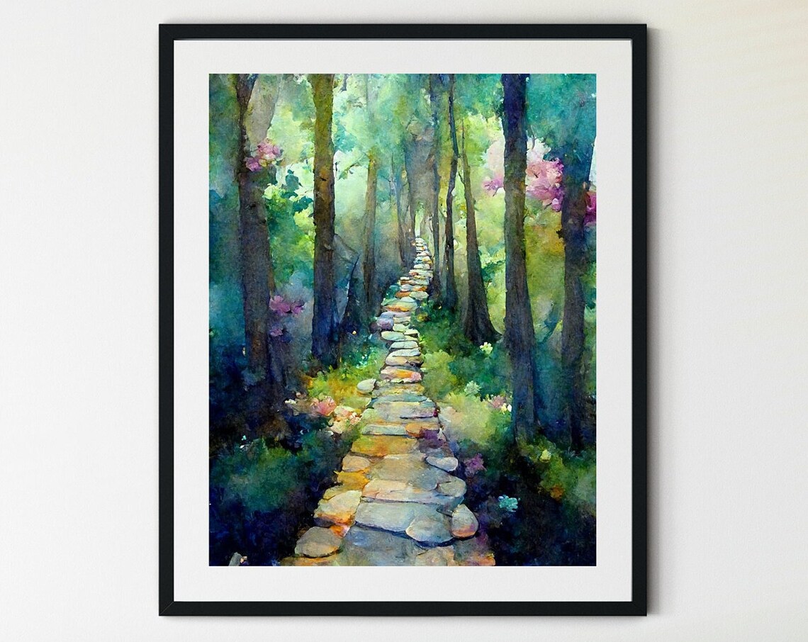 Forest Stone Path Pink Flowers Watercolor Woodland Garden Trail Poster