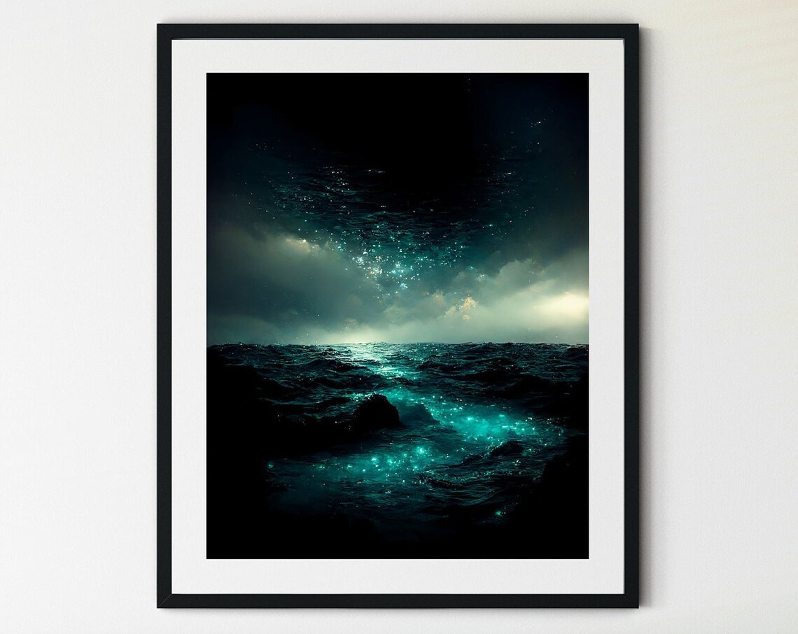 Dark Ocean Night Glowing Waves Electric Seascape Scenic Poster