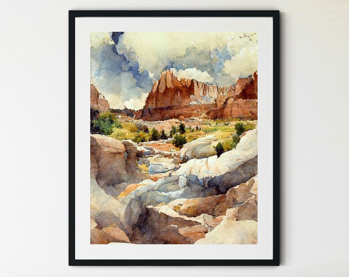 Capitol Reef Watercolor Rocky Stream Red Cliffs Cloudy Sky Desert Print