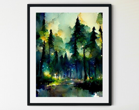 Starry Night In The Forest, Watercolor Art Print