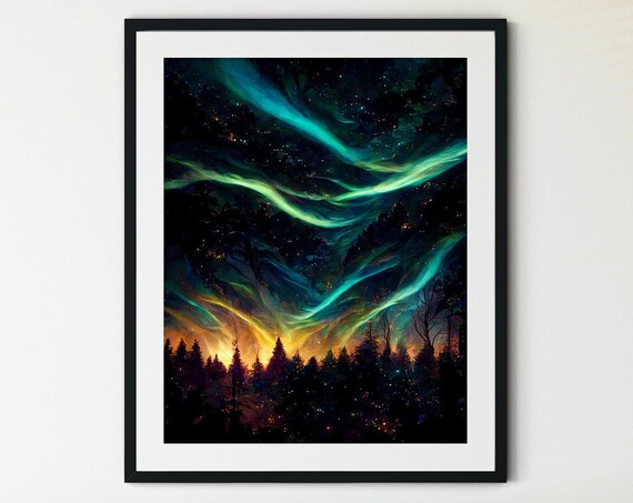 Aurora Borealis Art Print, Northern Lights Night Sky