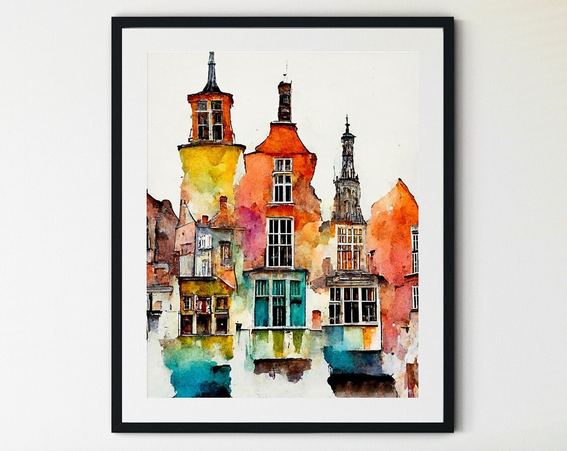 Bruges Belgium Historic Houses Towers Watercolor Street Poster