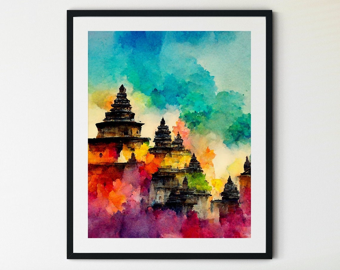 Ancient Stone Temple Spires Vibrant Magenta Sky Watercolor Poster