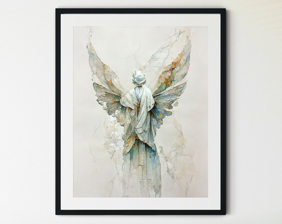 Ethereal Robed Angel with Soft White Wings Watercolor Heavenly Poster