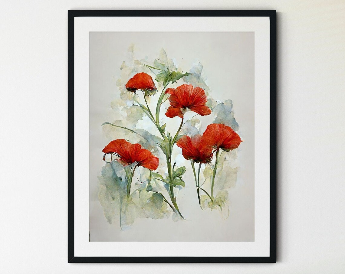 Red Poppy Blooms Watercolor Floral Spray Gray Wash Art Poster