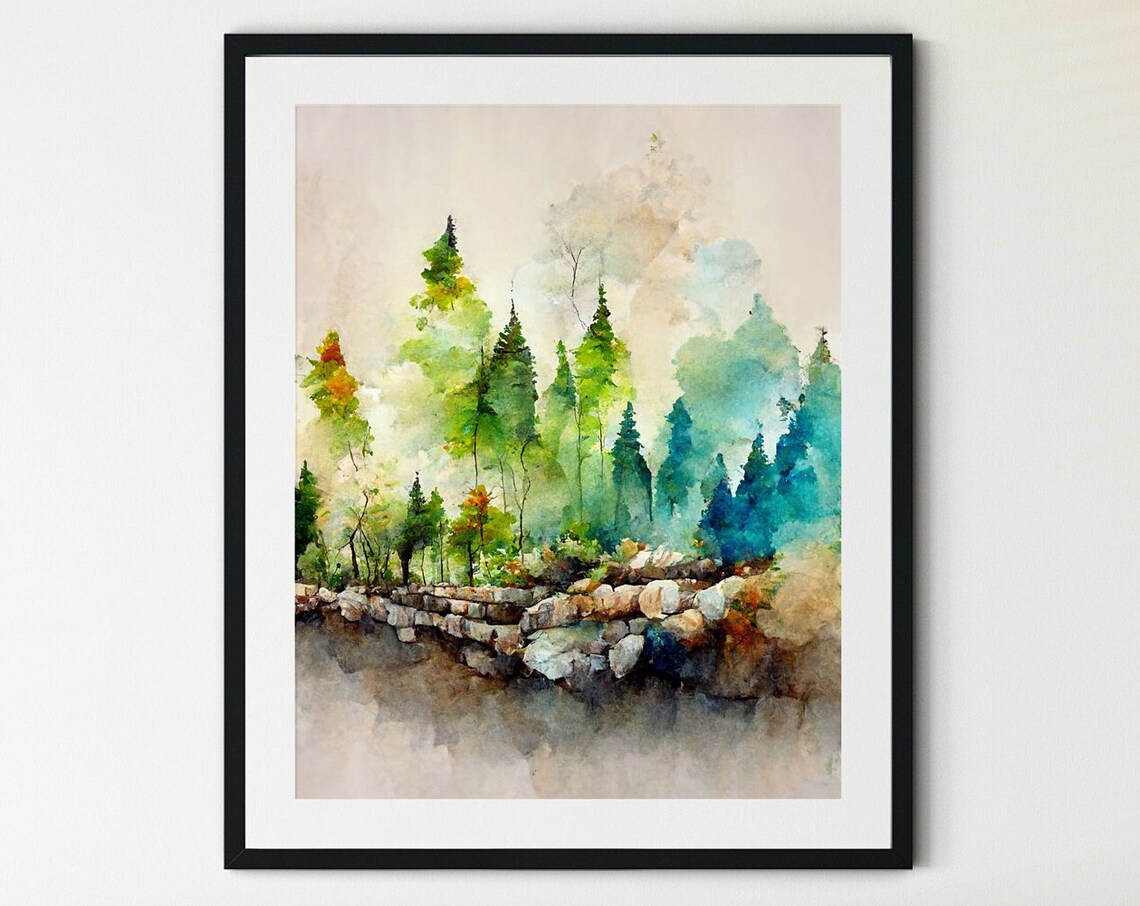 Forest Landscape Art Print, Colorful Woodland Trees