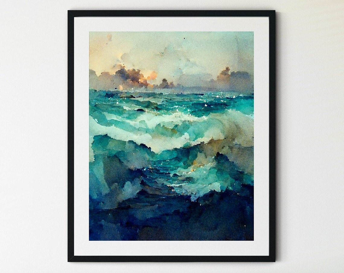 Rolling Ocean Waves Sunlit Clouds Watercolor Teal Sea Art Poster