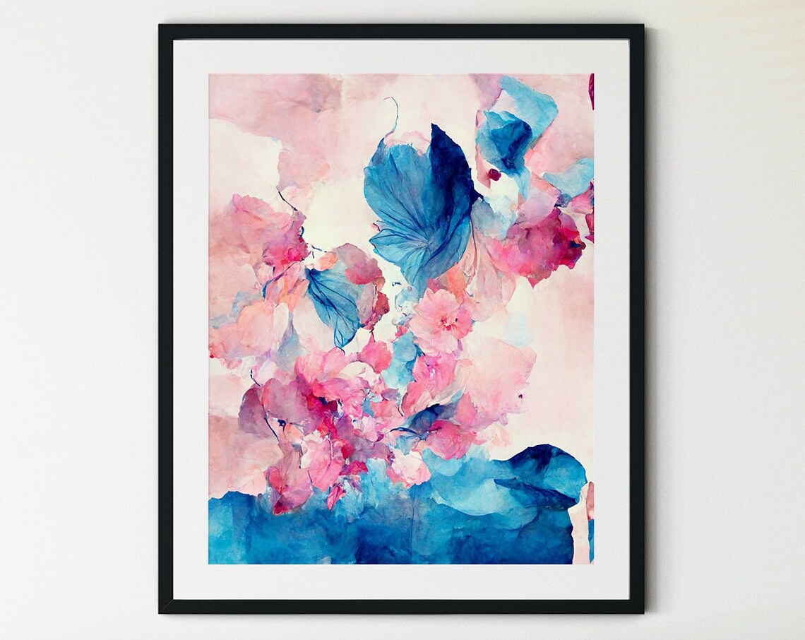 Pink Blossom Abstract Blue Ink Wash Watercolor Dreamy Floral Poster