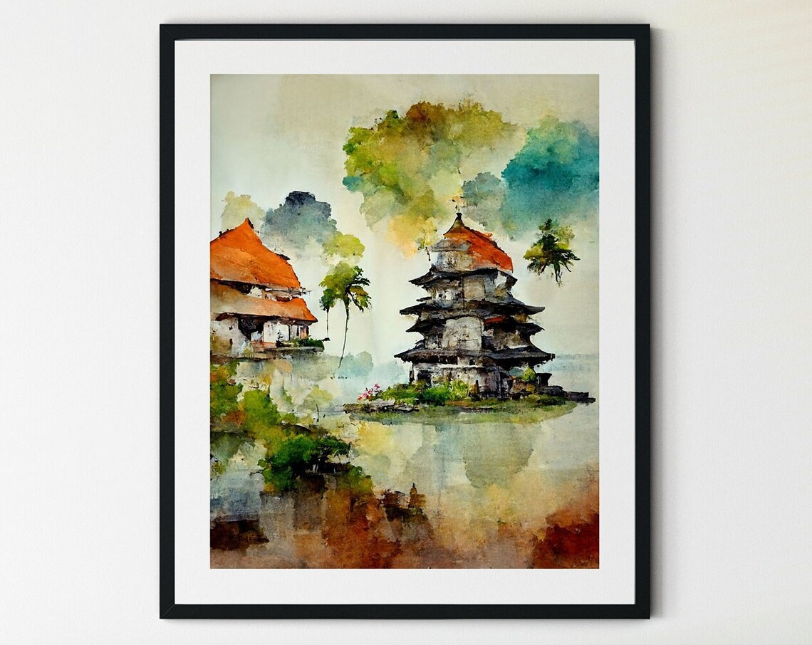 Balinese Temple Tropical Palms Lakeside Watercolor Indonesia Poster