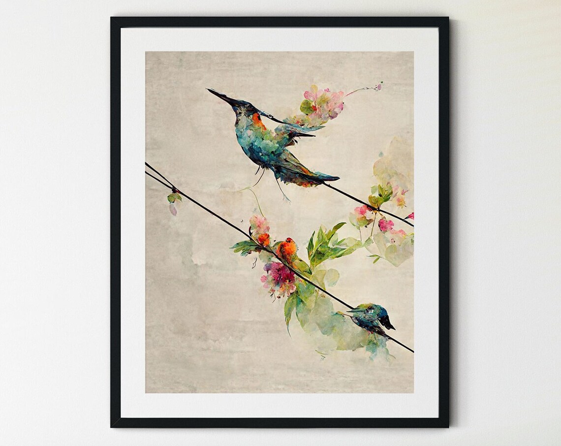 Hummingbird Blossom Branch Graceful Watercolor Bird Scenic Poster