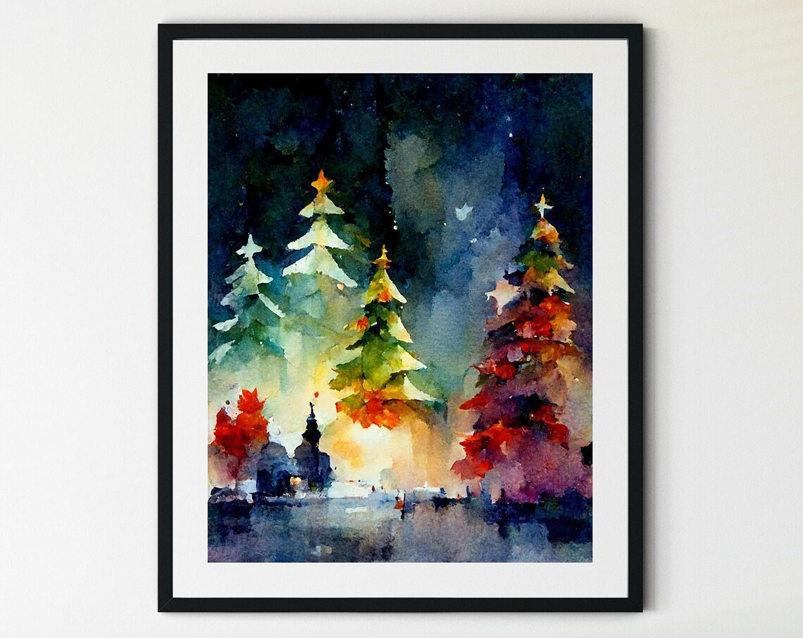 Christmas Trees Watercolor Art Print, Holiday Decor
