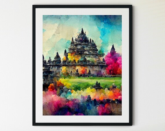 Ancient Temple Spires Garden Vibrant Colorful Sky Watercolor Poster