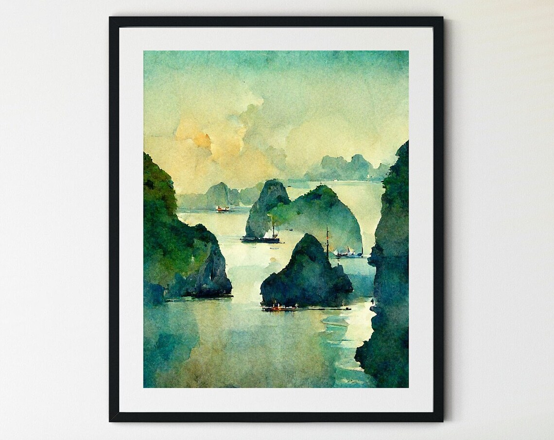 Ha Long Bay Vietnam Misty Sailboats Karst Cliffs Watercolor Poster