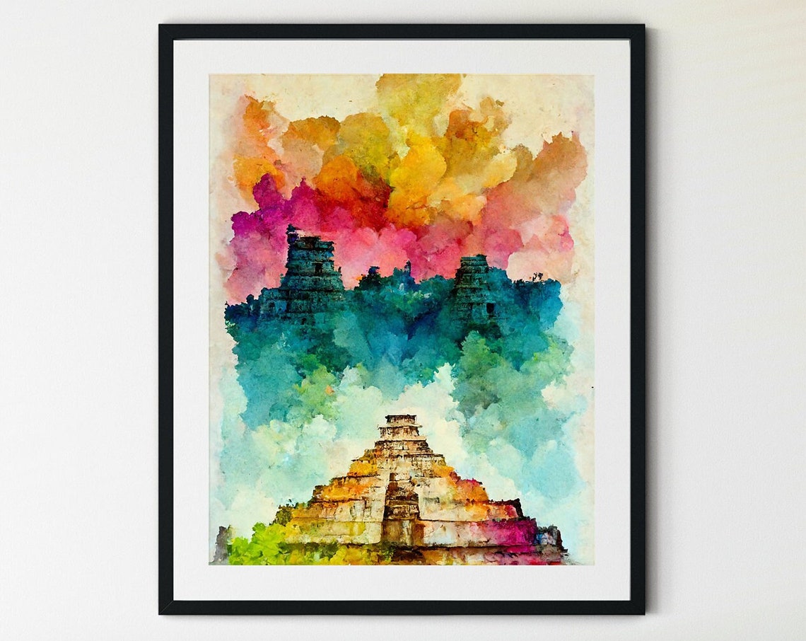 Chichen Itza Mexico Mayan Pyramid Watercolor Sunset Sky Poster