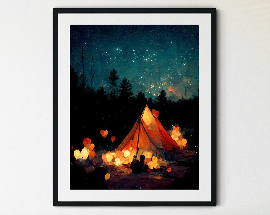 Camping At Night Painting, Campfire Under The Stars