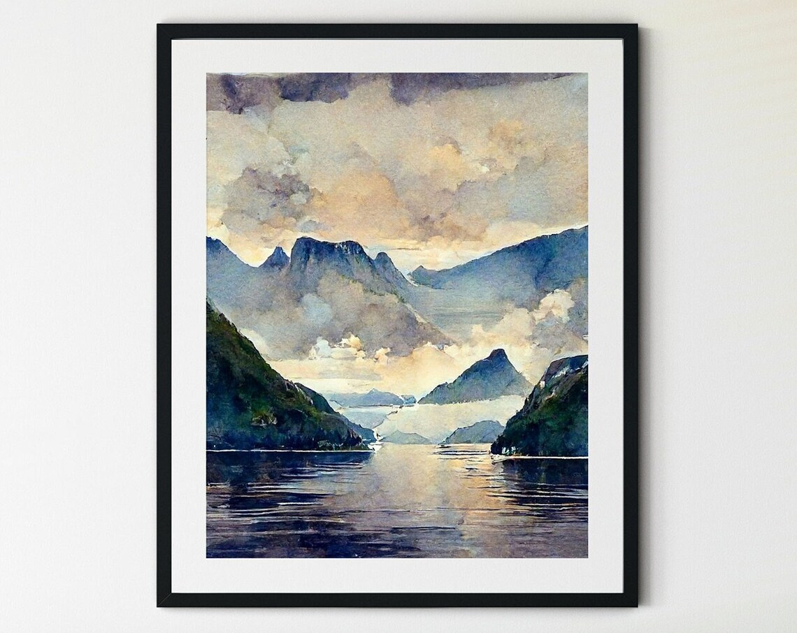 Norwegian Fjord Misty Peaks Still Water Watercolor Travel Poster