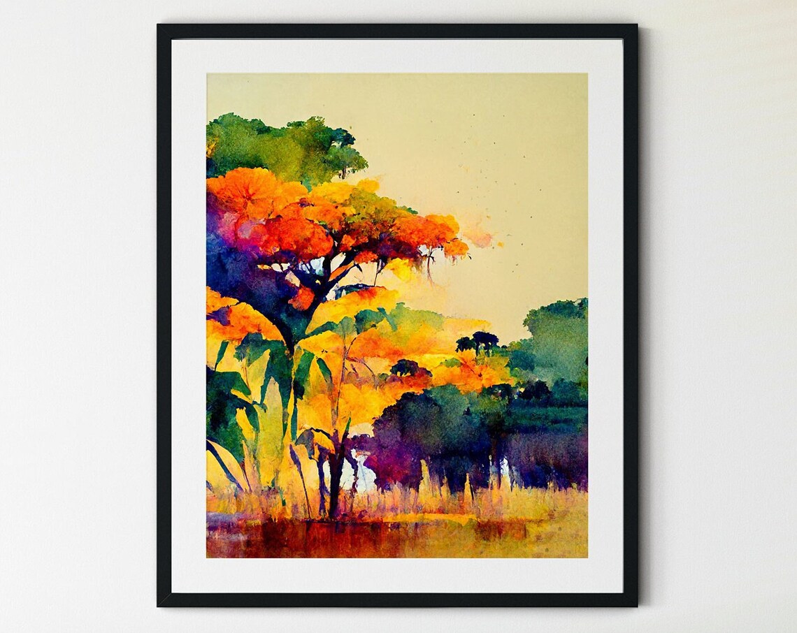 Brazil Vibrant Wetlands Colorful Trees Watercolor Nature Art Poster