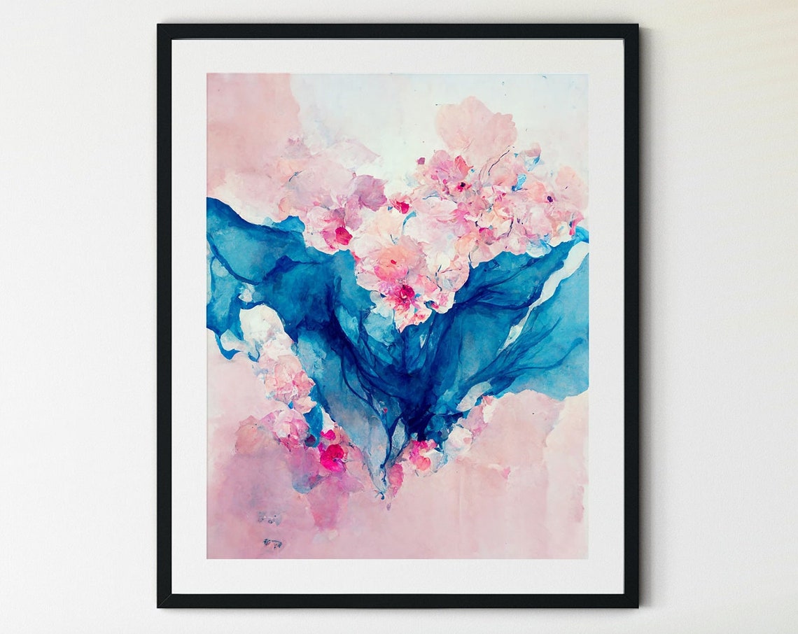 Abstract Blue Ink Pink Blossoms Fluid Watercolor Modern Art Poster