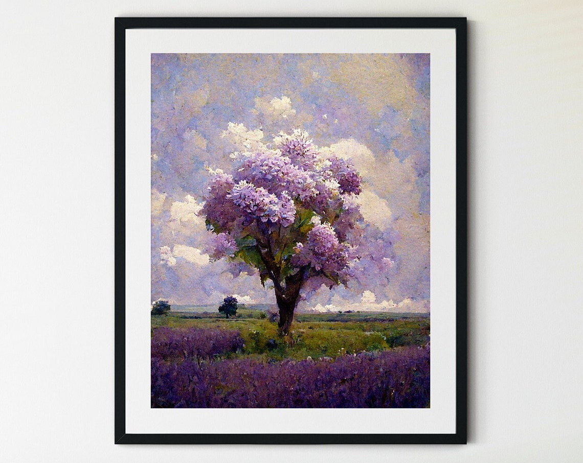 Solitary Flowering Tree Lavender Field Impressionist Wall Art