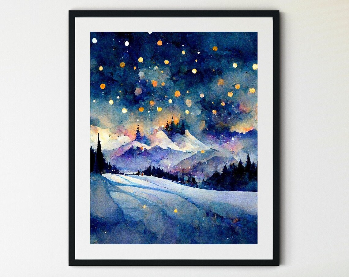Ice Skating Landscape Art Print, Winter Forest