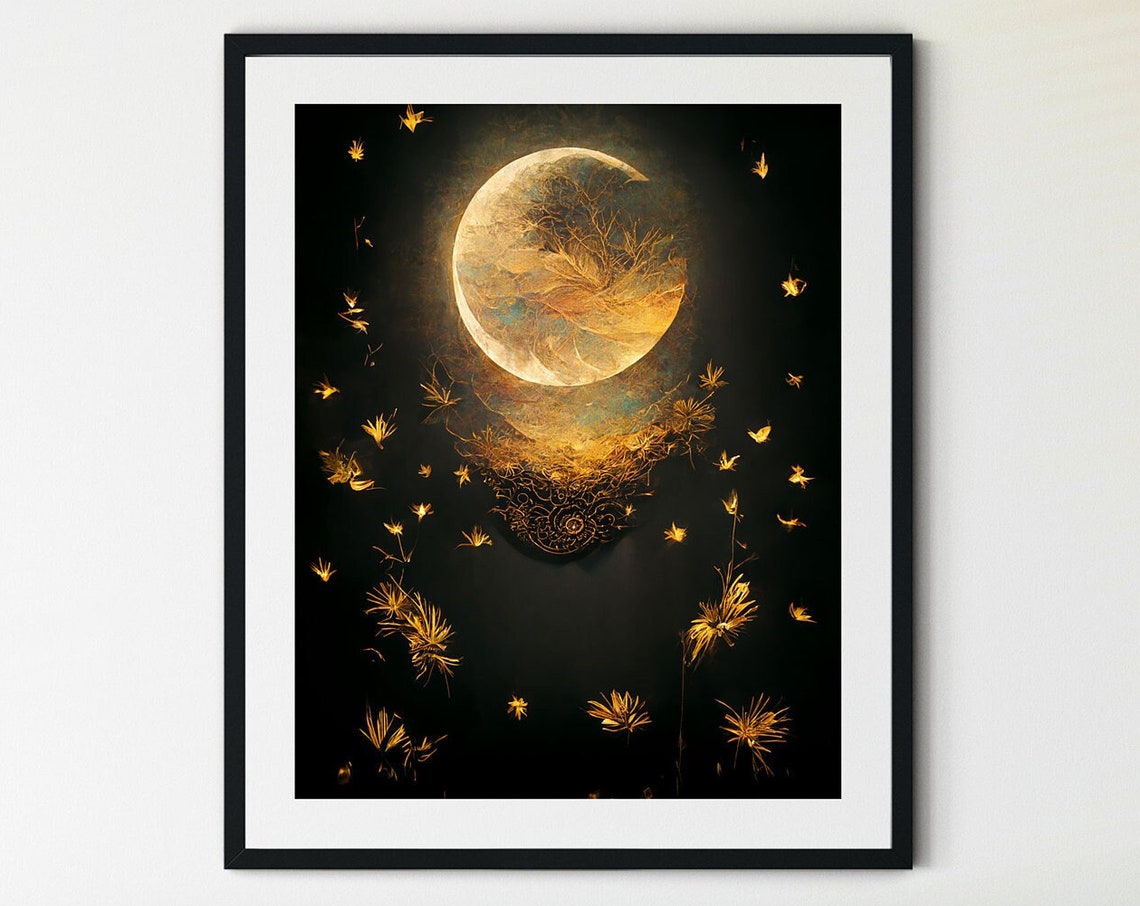 Golden Moon Glowing Moths Black Elegant Night Insect Art Poster