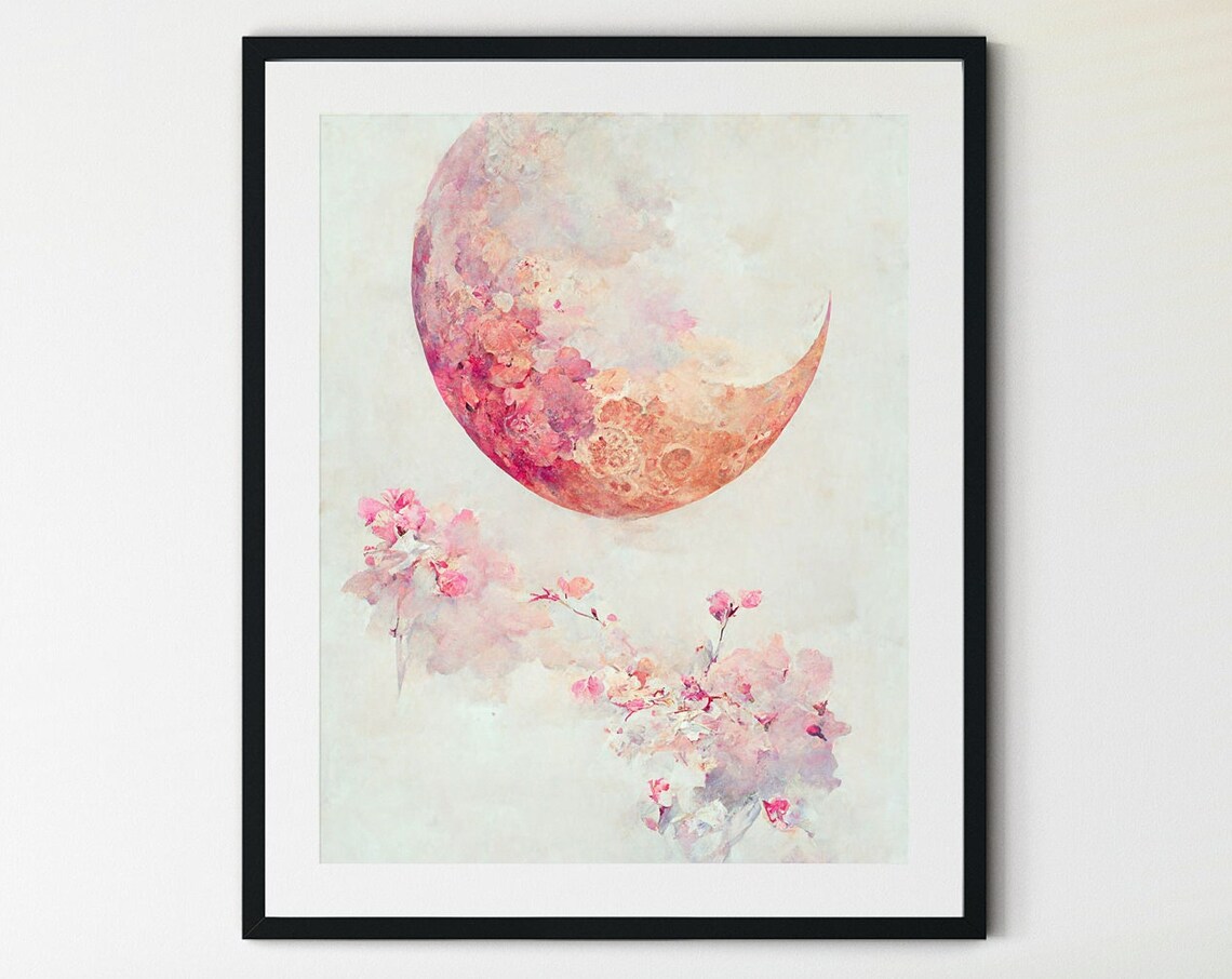 Pink Moon Art Print, Boho Moon Phase Flowers