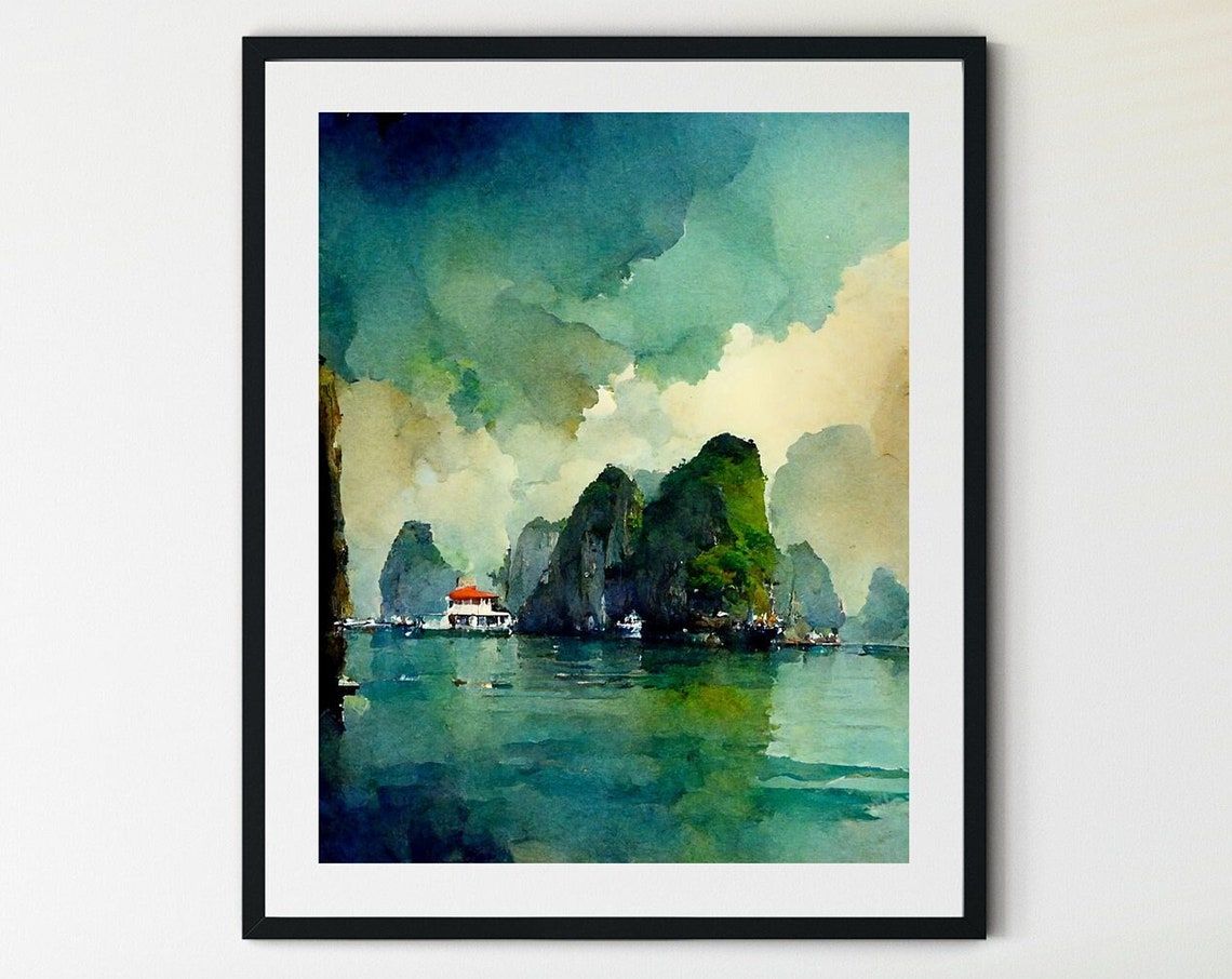 Ha Long Bay Vietnam Karst Cliffs Boats Teal Watercolor Poster