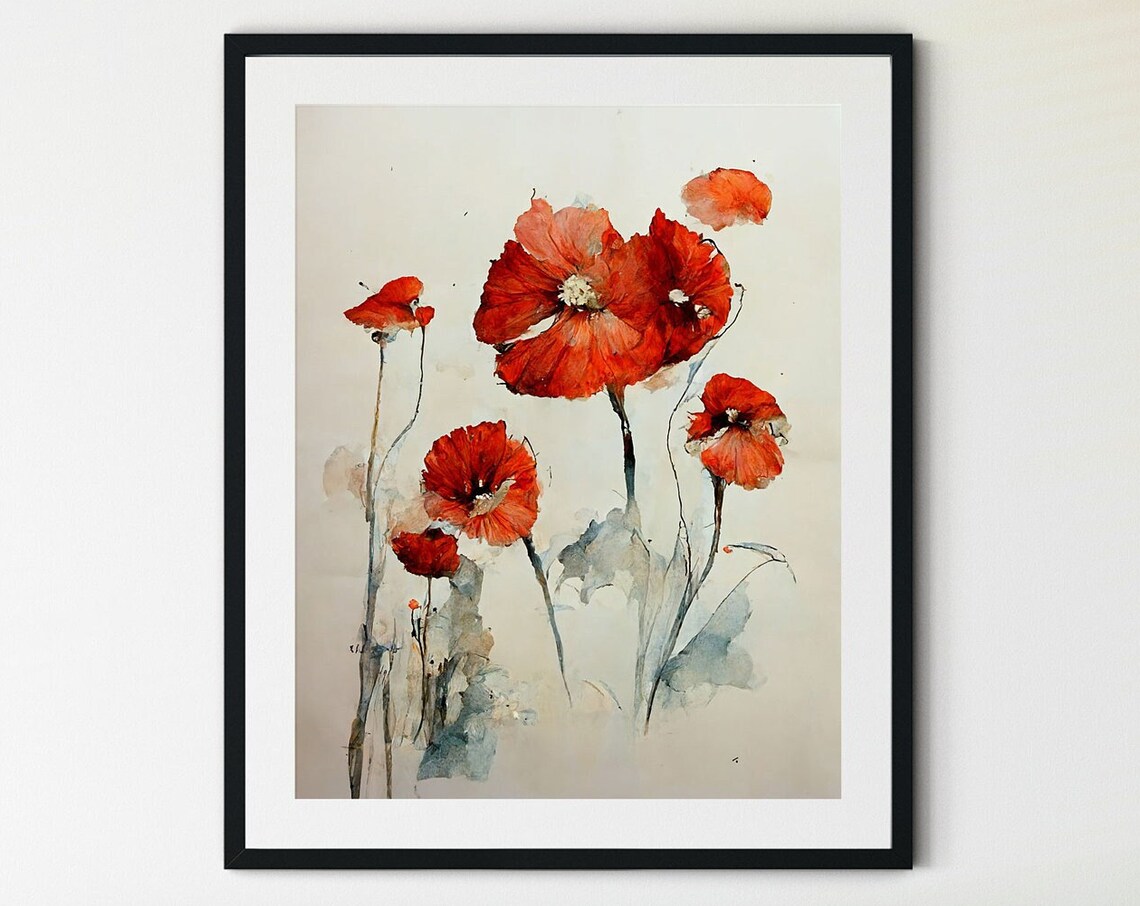 Red Poppies Watercolor Art Print, Farmhouse Floral
