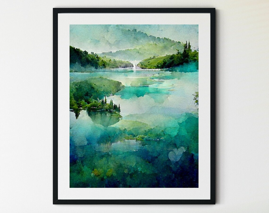 Plitvice Lakes Misty Emerald Lake Scenic Serene Watercolor Poster