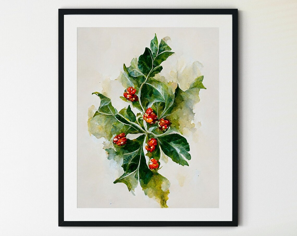 Winter Berry Holly Branch Christmas Art Print