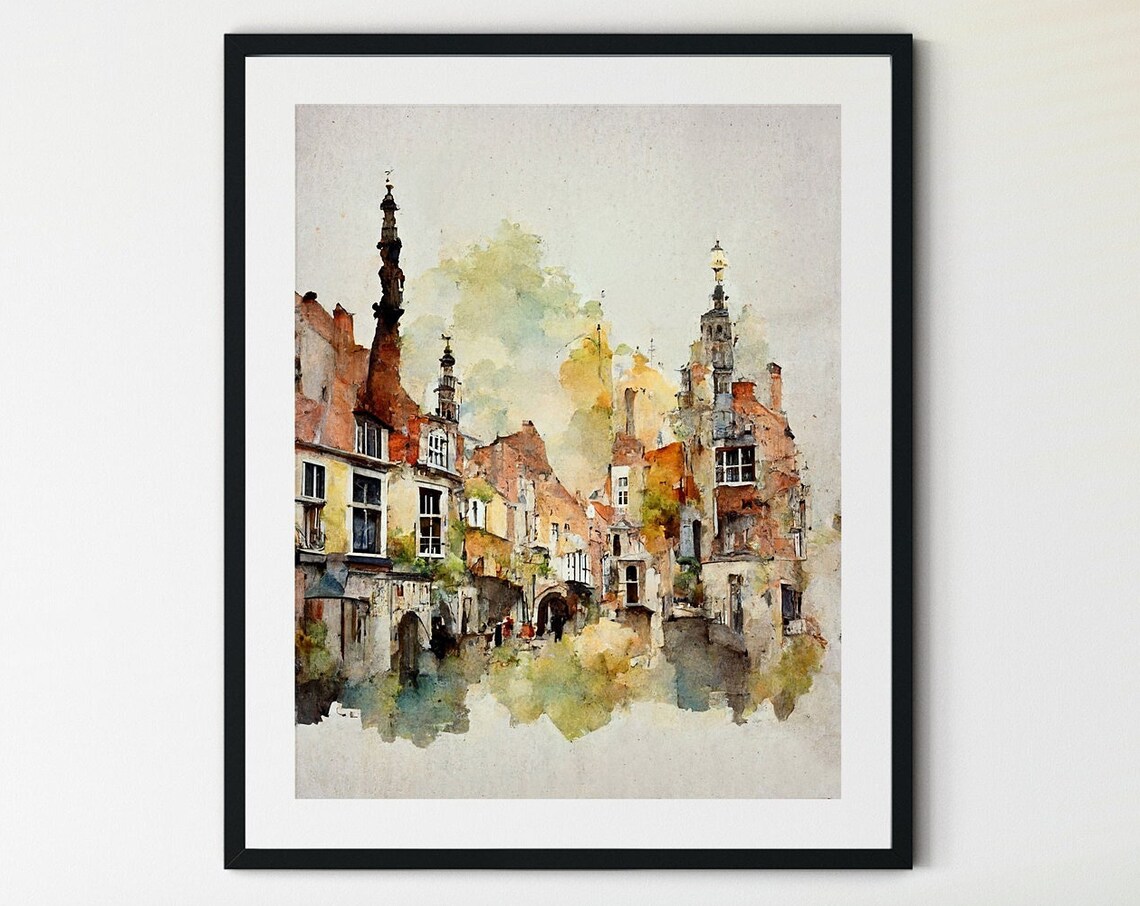 Bruges Travel Poster, Belgian Village Canal