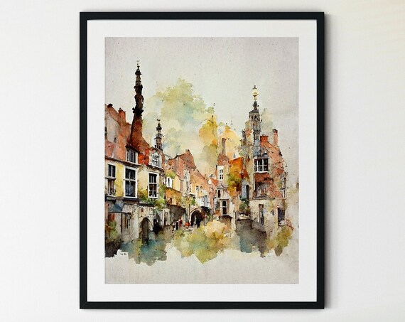 Bruges Travel Poster, Belgian Village Canal