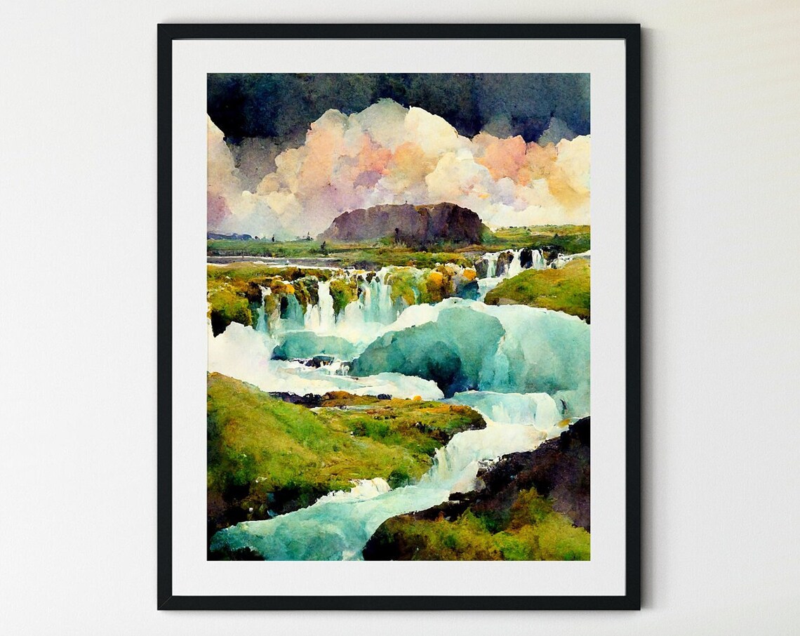 Godafoss Iceland Waterfall Mossy Green Banks Watercolor Poster