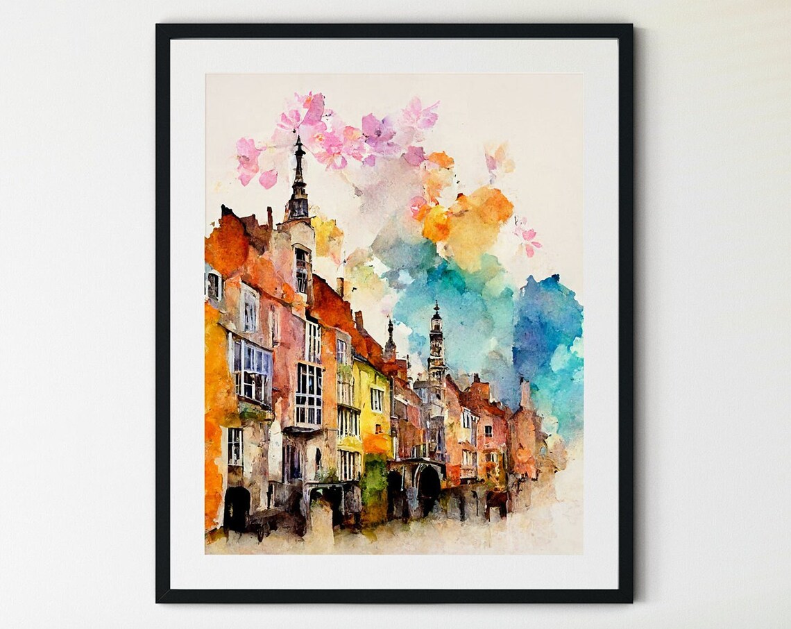 Bruges Belgium Canal Houses Spires Pink Blossom Watercolor Poster