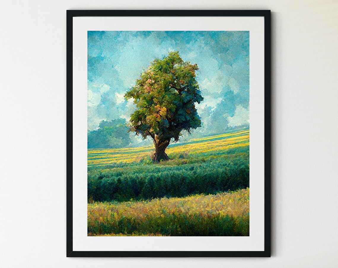 Lone Oak Tree Golden Field Impressionist Countryside Nature Poster
