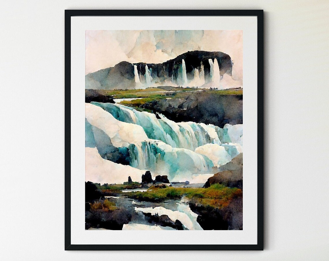 Godafoss Iceland Turquoise Cascades Under Sky Watercolor Poster