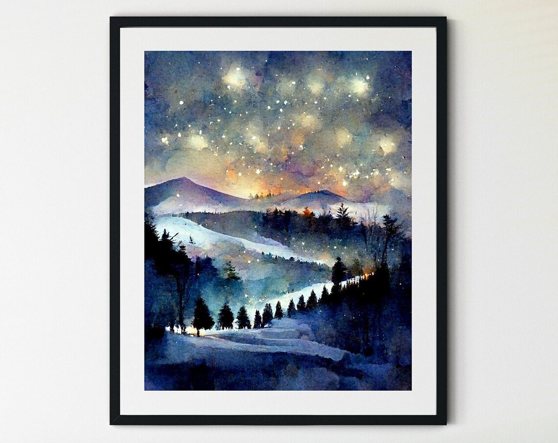 Winter Landscape Art Print, Snowy Trees and Pines