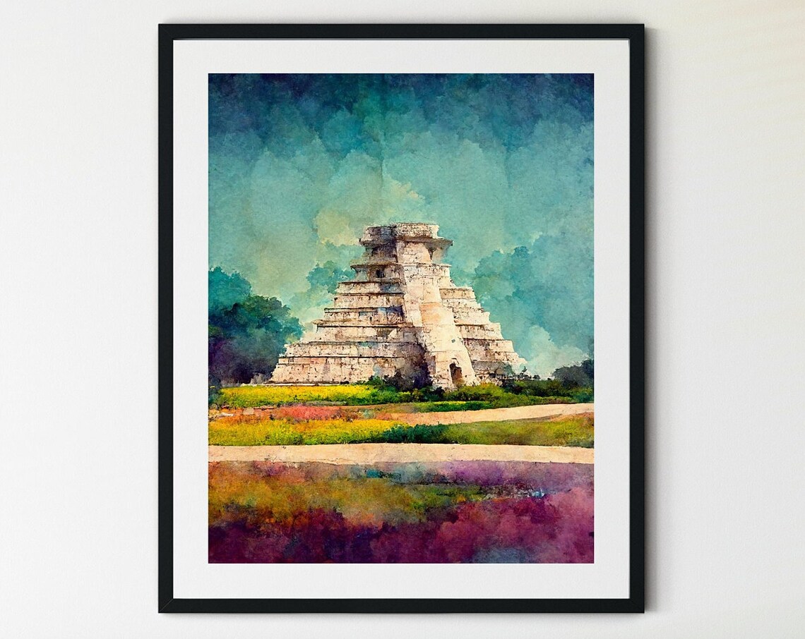 Chichen Itza Travel Print, Maya Pyramid Watercolor