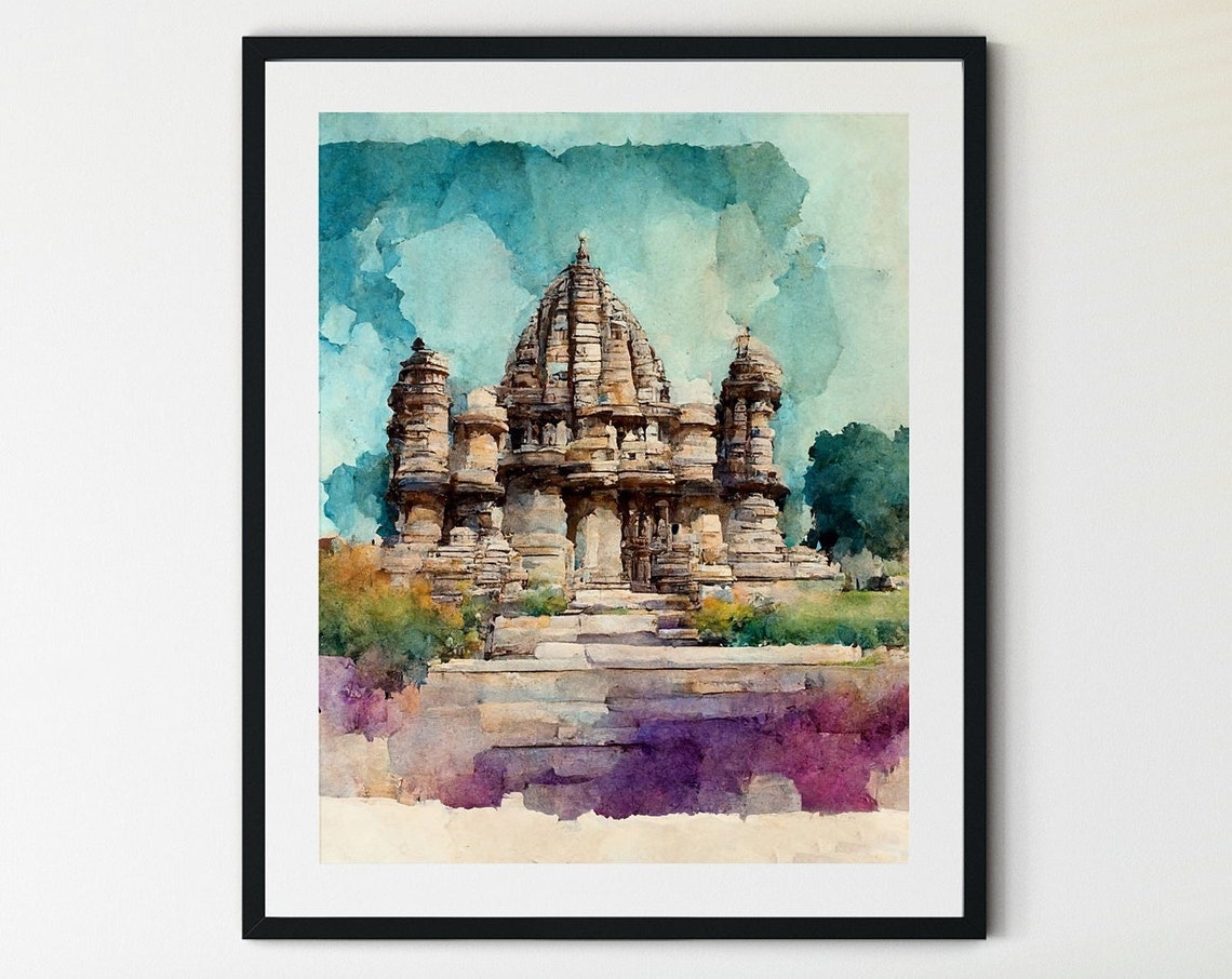 Khajuraho India Ancient Stone Temple Watercolor Teal Sky Poster